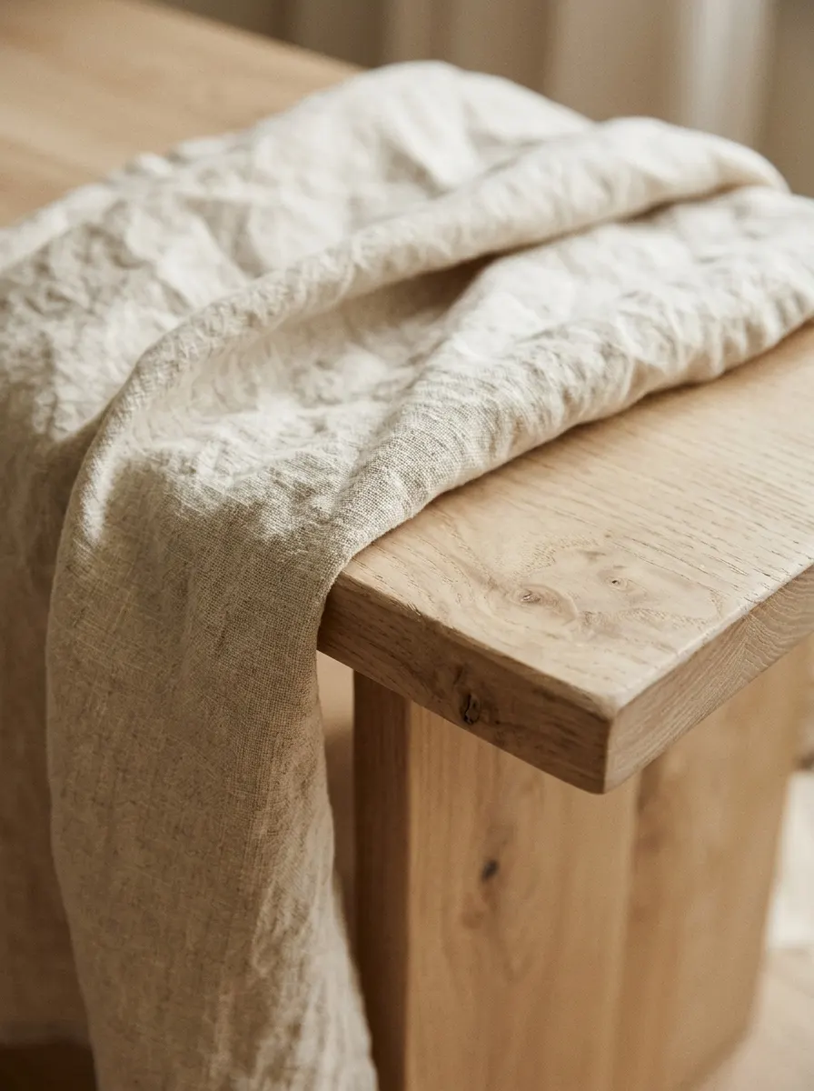 Detalle de textiles y madera clara