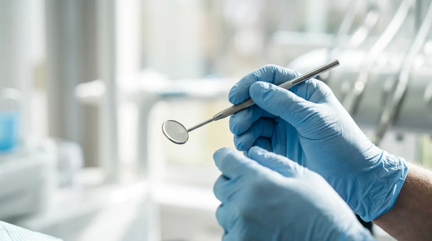 Manos con guantes y espejo dental