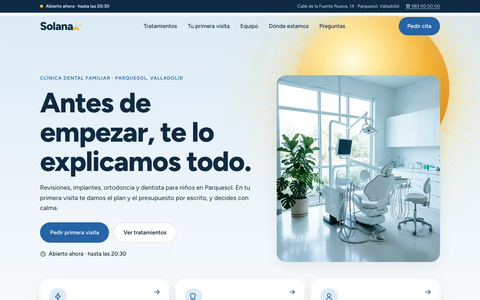 Portada de la web de Solana: clínica dental con sol al fondo y una consulta luminosa